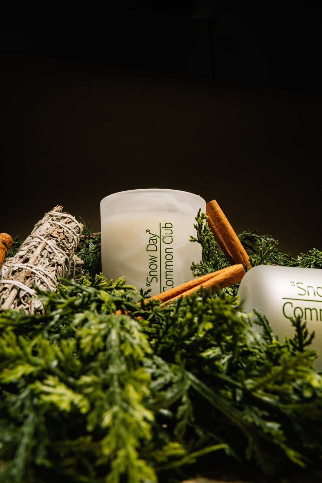Two candles labeled 'Snow Day Common Club' on a bed of greenery with cinnamon sticks.