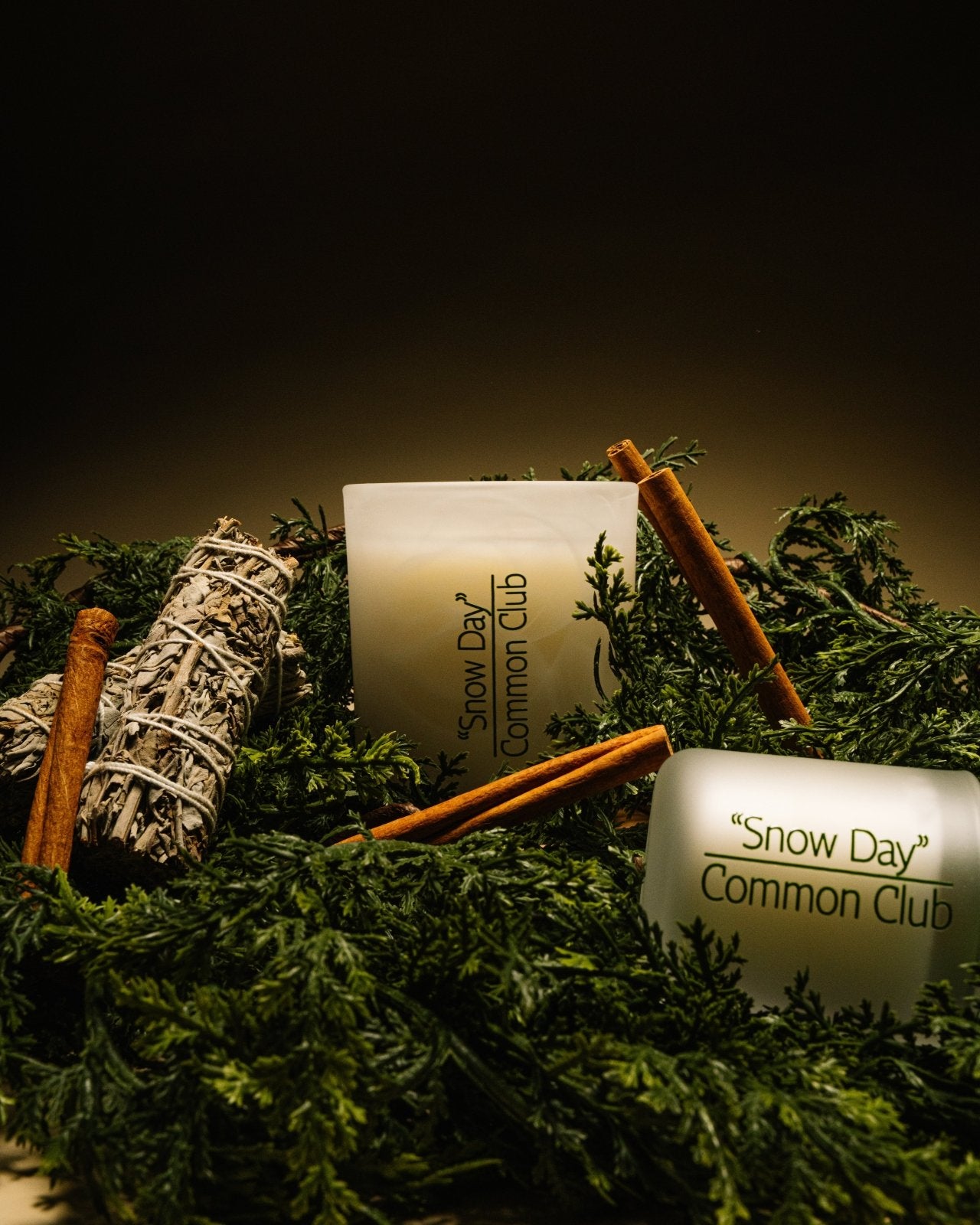 Two candles labeled 'Snow Day Common Club' on a bed of greenery with cinnamon sticks.